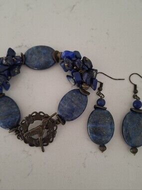2-Pc Handcrafted Lapis Lazuli Hummingbird Charm Bracelet & Earrings Set - EUC
